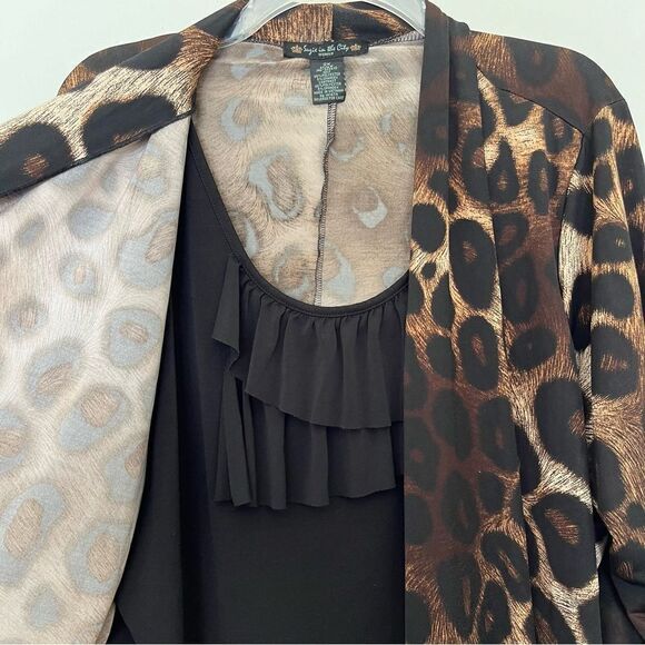 Suzie In The City Ruffle Blouse Waterfall Cardigan Animal Print 2-in-1 Top 2X - Picture 3 of 10